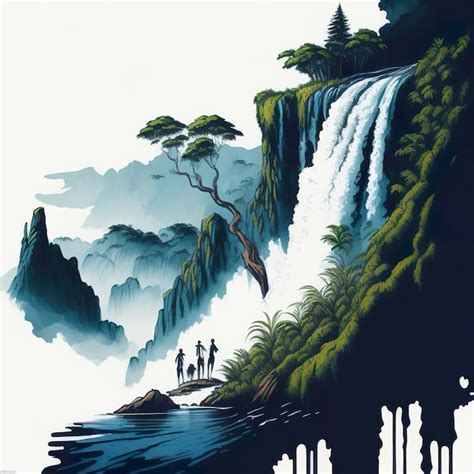 Premium AI Image | A painting of a waterfall with a tree on the bottom.