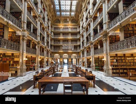 Interior of the 19thC George Peabody Library, Peabody Institute, Johns Hopkins University ...