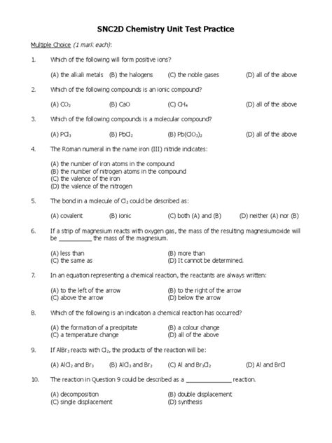 Chemistry Unit Test Practice | Chemical Reactions | Chemical Compounds