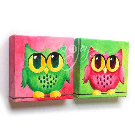 Owl Painting Pink and Green Owl Pair Set of 2 6x6 Acrylic - Etsy