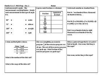 Florida F.A.S.T. Prep - 4th Grade Math: 5-day review / test prep for PM3; Vol.1