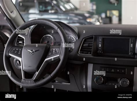 Russia, Izhevsk - August 20, 2021: UAZ showroom. Interior of new modern UAZ Patriot car in ...