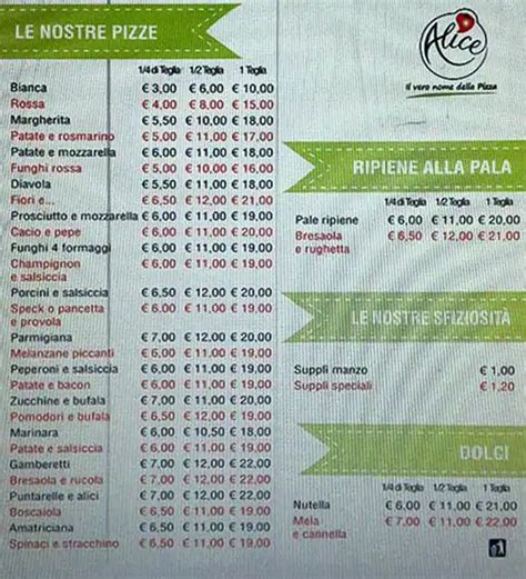 Alice Pizza a Roma: Foto del Menu con Prezzi - Zomato Italia