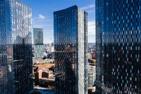 Manchester City Centre Drone Aerial View Above Building Work Skyline Construction Blue Sky ...