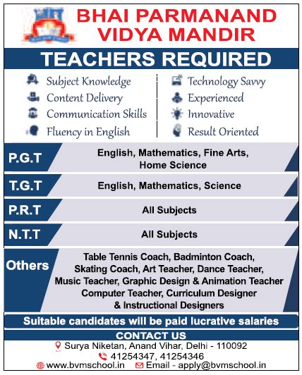 Bhai Parmanand Vidya Mandir, New Delhi Wanted Teachers | FacultyPlus