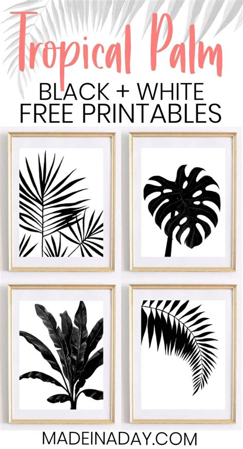 Black & White Tropical Palm Leaf Wall Art Printables | Free printable art, Free printable wall ...