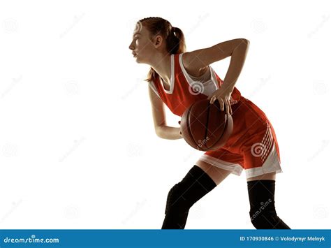 Young Caucasian Female Basketball Player Against White Studio ...