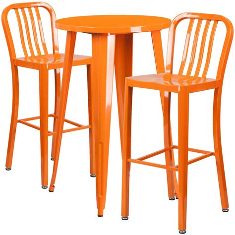 Commercial Grade 24" Round Orange Metal Indoor-Outdoor Bar Table Set with 2 Vertical Slat Back ...