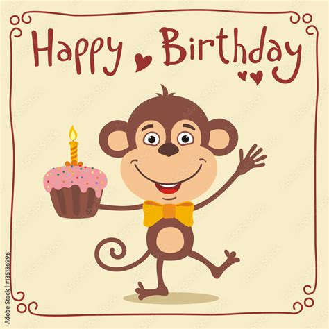 Happy birthday! Funny monkey with birthday cake. Greeting card with little monkey in cartoon ...