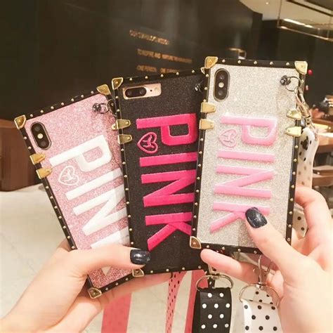 Fashion Square Pink Glitter Diamond Plated Victorias Phone Case For iPhone 6 6s 7 8 Plus X Xs ...