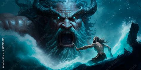 Poseidon battles the giant Polybotes in the sea Stock Illustration ...