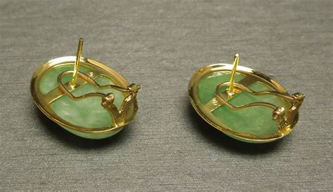 14K Gold Natural Celadon Jade Earrings w/ French Clip Backs C1980