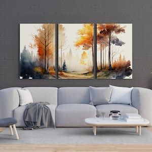 Fall Watercolor Forest Landscape. Printable Wall Art. Set of 3 Prints ...