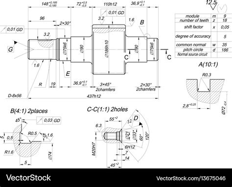 Shaft sketch with hatching engineering drawing Vector Image