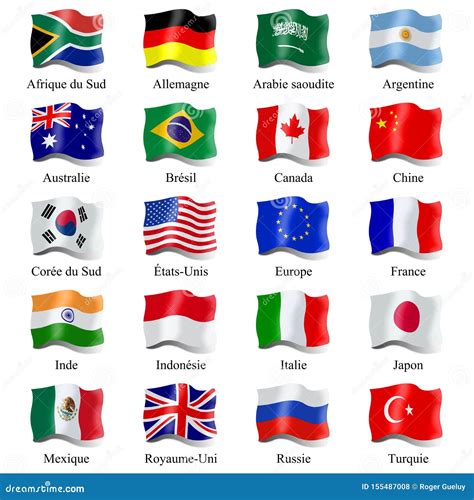 Flags of G20 Countries Subtitled in French Isolated on White Background ...