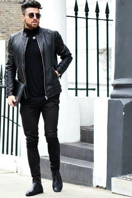 Picture Of Black turtleneck, leather jacket, clutch, skinny pants and shoes