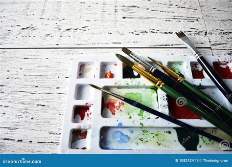 Artist Paint Brush Palette Rustic Wooden Background Art Concept Stock ...