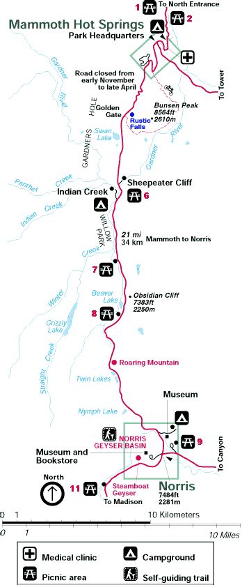 Mammoth Hot Springs to Norris Map of Yellowstone National Park ~ Yellowstone Up Close and Personal