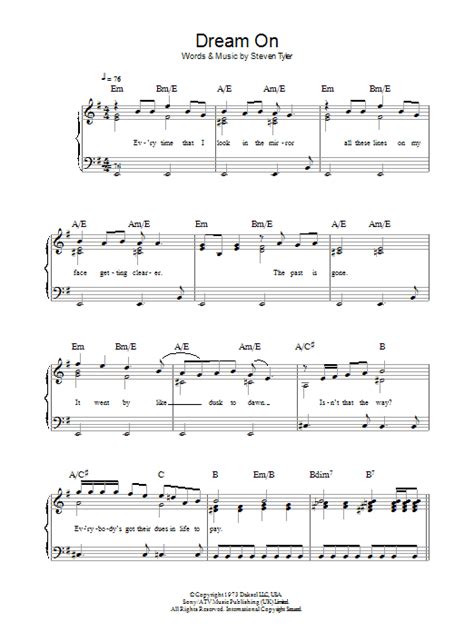 Dream On by Aerosmith Sheet Music for Piano, Vocal & Guitar Chords at ...