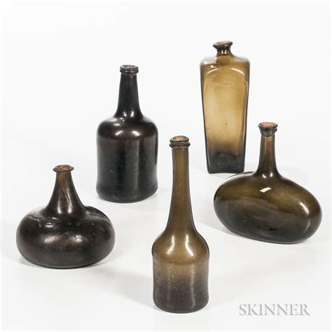 Five Blown 18th Century Bottles, England and France, four wine bottles ...