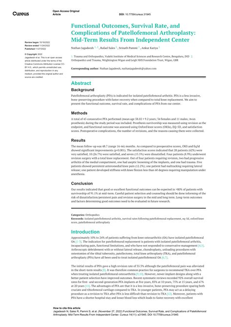 (PDF) Functional Outcomes, Survival Rate, and Complications of Patellofemoral Arthroplasty: Mid ...