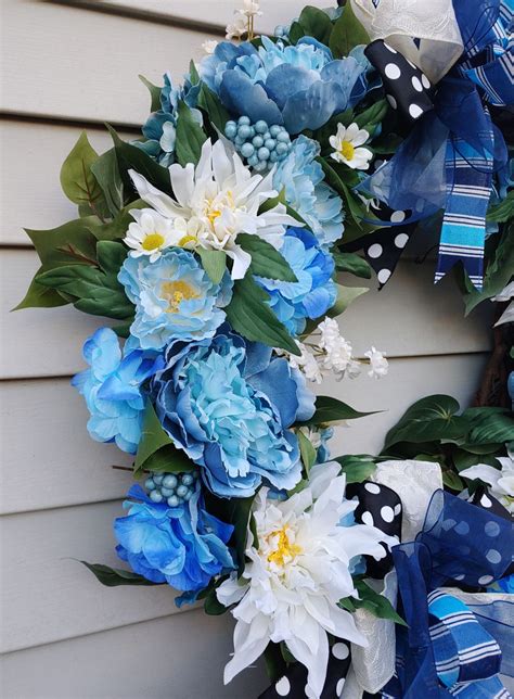 Front Door Blue Wreath, Blue and White Grapevine Wreath, Blue Peony ...