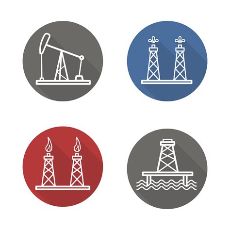 Oil industry flat linear long shadow icons set. Gas and fuel production platforms, fossil fuel ...