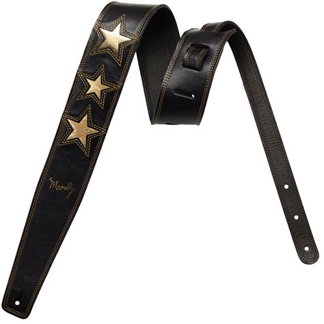 2.5" 3 Gold STAR Black with Black Leather Backed Luxury Guitar Strap | Moody Leather