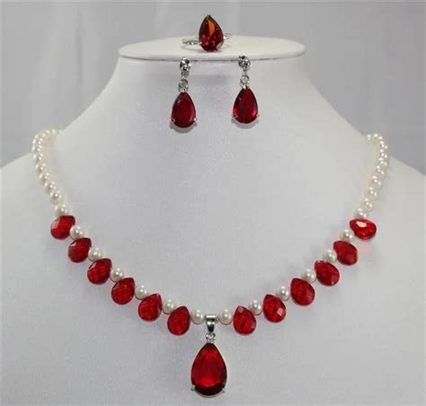 New Fashion Jewelry Sets beautiful natural white pearl red ruby crystal pendant Necklace ring ...