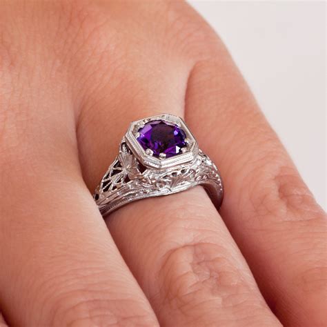 Ladies White Gold and Amethyst Vintage Ring - Amethyst Filigree Antique Style Ring