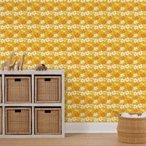 Mod Floral Yellow and Orange Wallpaper | Spoonflower