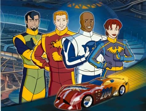 cartoon characters standing in front of a car on a track with an arena ...