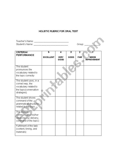 Holistic Rubrics for Oral Test - ESL worksheet by mantica