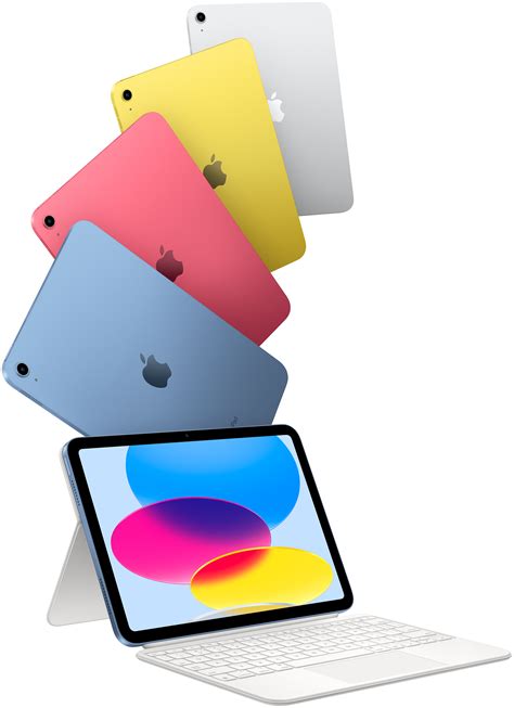 iPad in blue, pink, yellow, and silver colors and one iPad attached to the Magic Keyboard Folio.