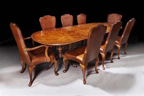 Antique Early 20th Century Walnut Dining Table Set with 8 Leather Chairs at 1stDibs