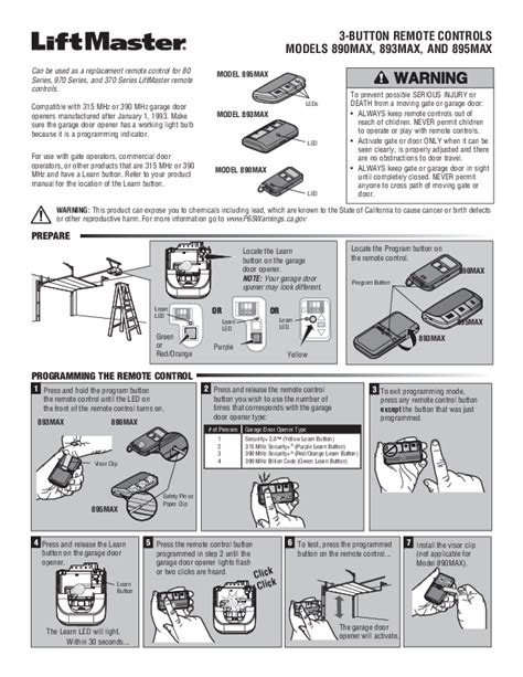 LiftMaster 890MAX, 893MAX, 895MAX Instructions - Programming Guide for Remote Controls