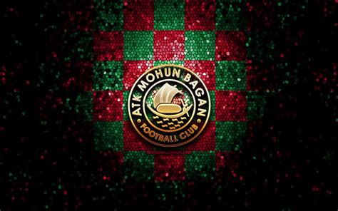 Download wallpapers ATK Mohun Bagan FC, glitter logo, ISL, purple green checkered background ...