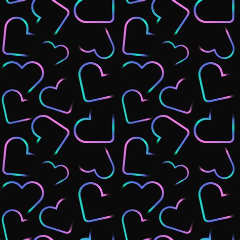 Cool seamless pattern with bright neon hearts isolated on black background. Gradient turquoise ...