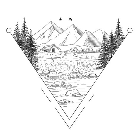 Line art sketch landscape drawing tattoo 7214003 Vector Art at Vecteezy