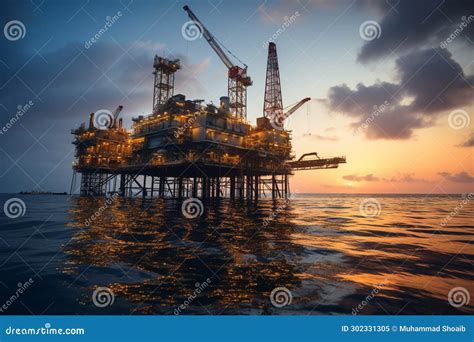 Sunset Rig Offshore Oil Platform Construction, Harnessing World Power Energy Stock Illustration ...