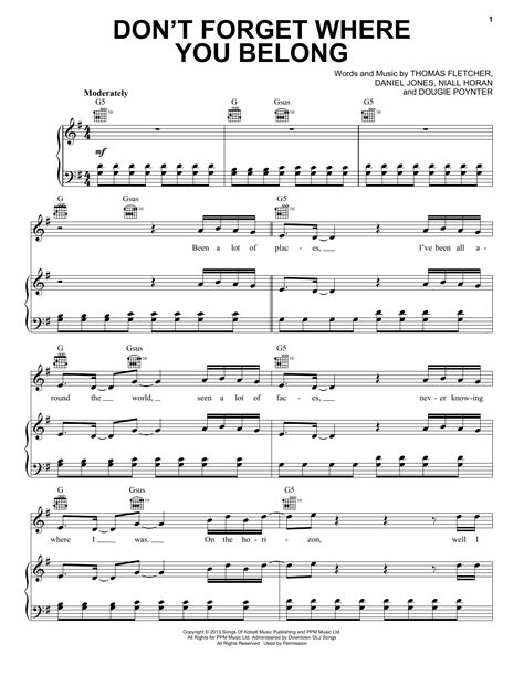 Don't Forget Where You Belong Sheet Music | One Direction | Piano, Vocal & Guitar Chords (Right ...