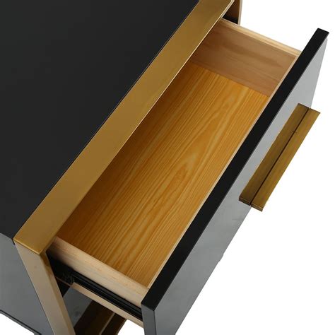 Modern 2 Drawers Black Lacquer Nightstand in Gold