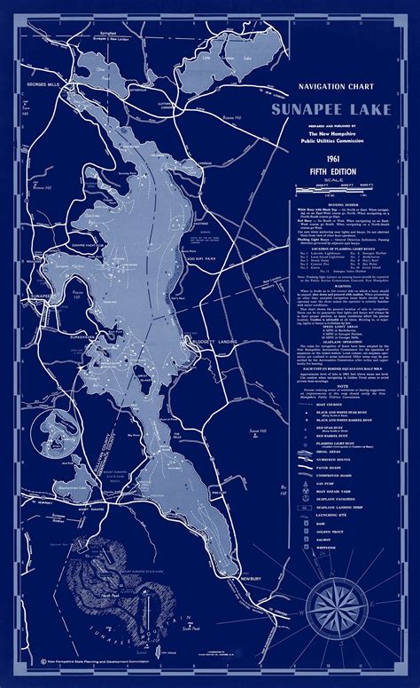 LAKE SUNAPEE, New Hampshire 1961 Nautical Chart Blueprint