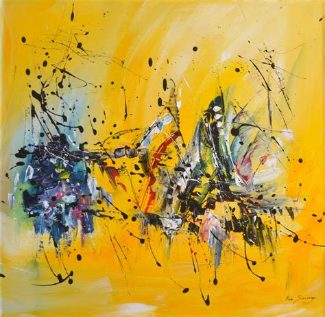 an abstract painting with black and yellow colors