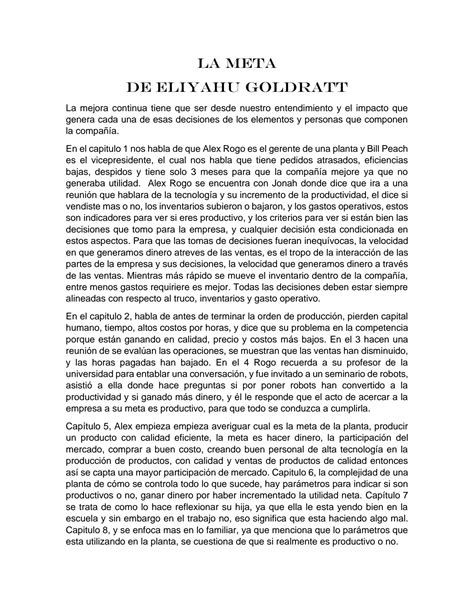 SOLUTION: Resumen del libro la meta de eliyahu goldratt - Studypool