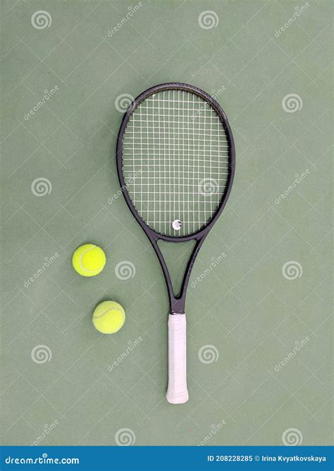 Top View of Tennis Racket and Two Balls on the Green Clay Tennis Court Stock Image - Image of ...