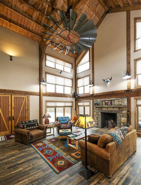 GREAT ROOM! Windmill ceiling fan and rustic design. Sand Creek Post & Beam Barn Homes | Barn ...