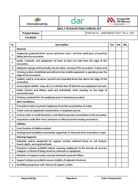 Daily Excavation Checklist | PDF