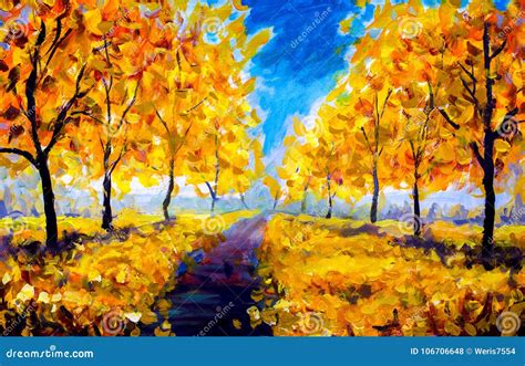 Oil Painting - Autumn, Yellow Foliage, Park, Autumn Trees Stock Illustration - Illustration of ...