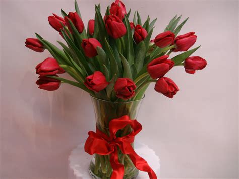 24 red tulips arranged in clear gadering glass vase- W619 in San Francisco, CA | Fillmore ...